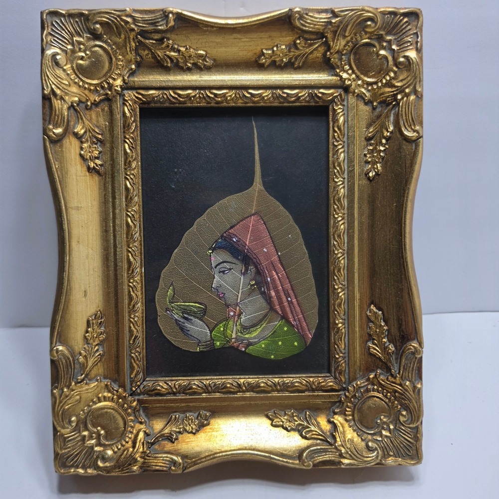 Vintage Indian Peepal Leaf Painting Hand Painted Folk Art Ornate Gold Frame